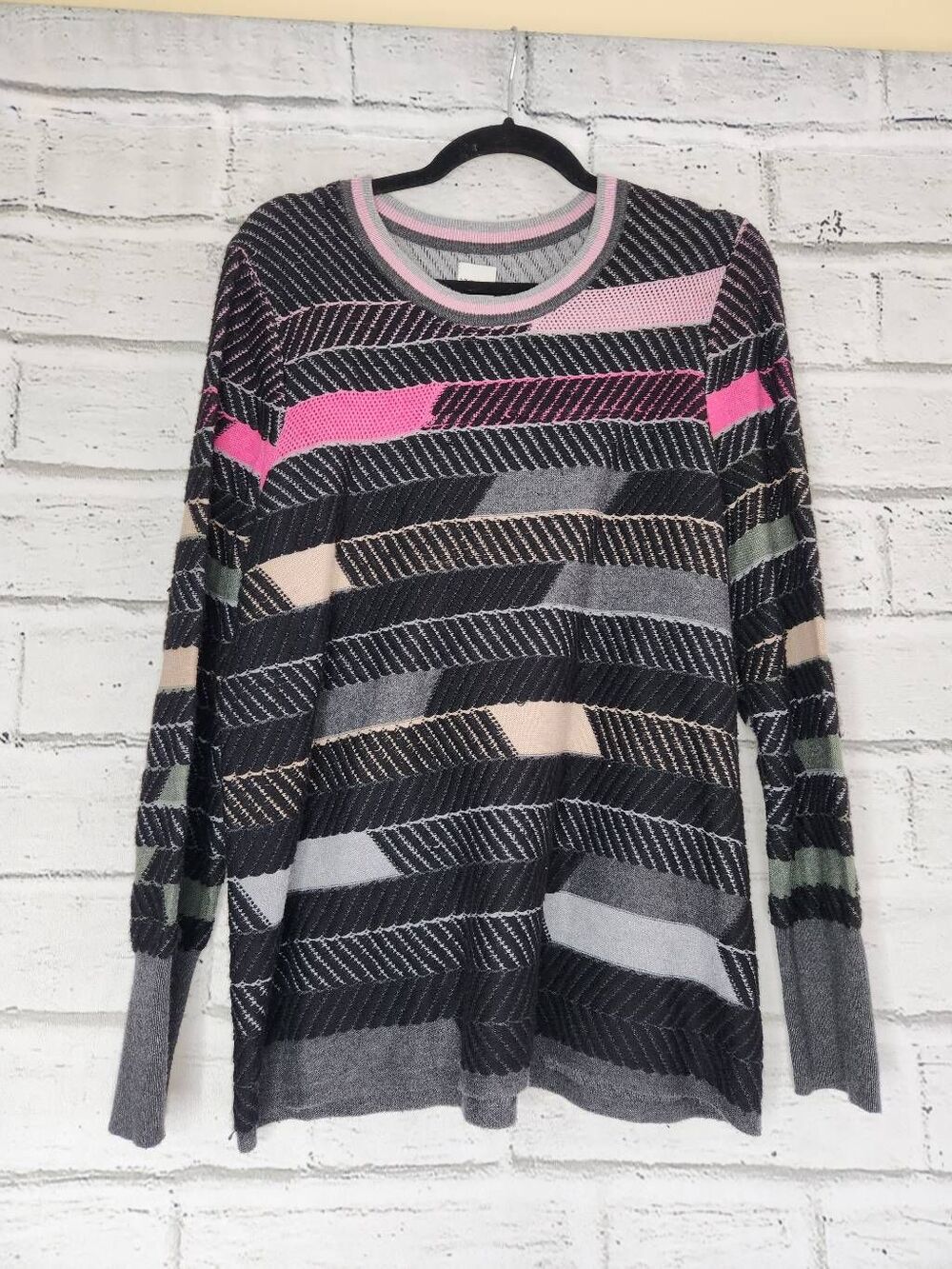 Nic+Zoe Knit Geometric Sweater Black Pink Cotton Blend Womens Large